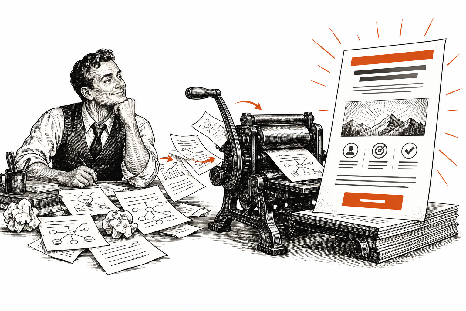 Vintage ink illustration of scattered ideas passing through a printing press into a designed sales-page draft