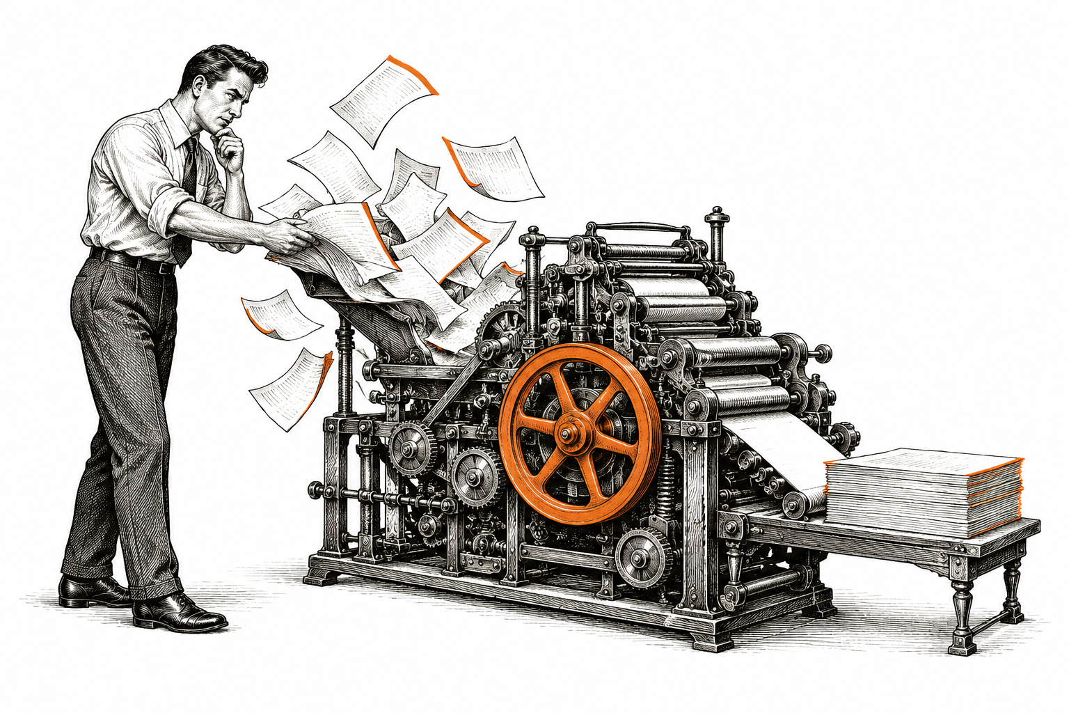 Conceptual ink illustration of scattered ideas being organized into a finished offer